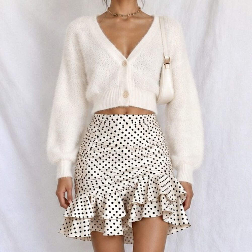 Zara Off White Polka Dot Pleated Ruffle Asymmetric Flared Mini Skirt XS